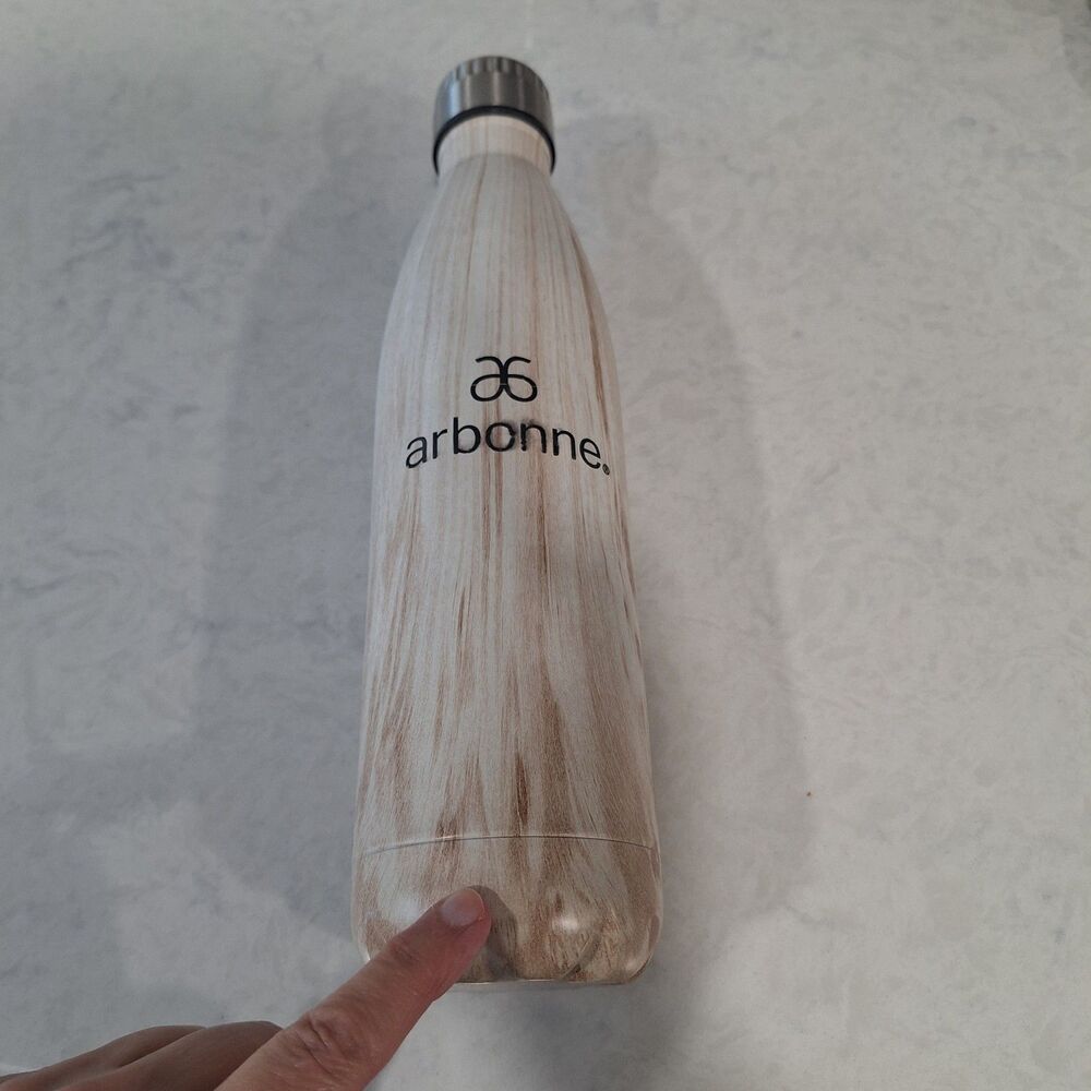 Arbonne Stainless Steel Water Bottle with Cap – 28 oz Woodgrain Marble Design